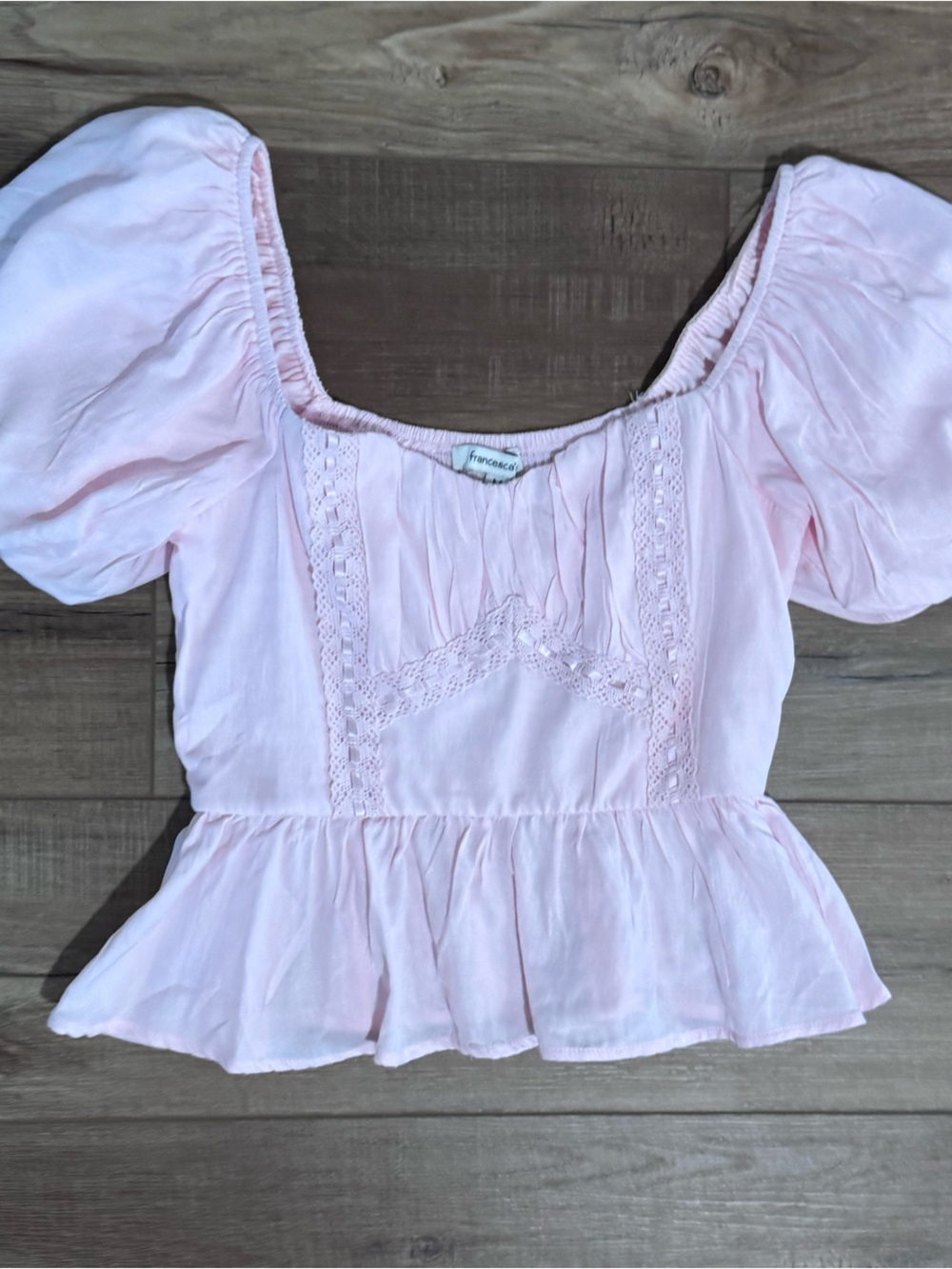 Francesca's Collections Light Pink Peplum Puff Sleeve Top